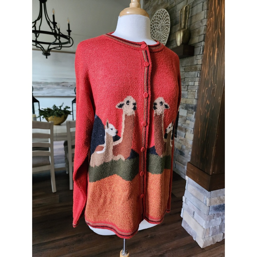 Matices de‎ Los Andes 100% Baby Alpaca Cardigan Llama Print Button Up Sweater